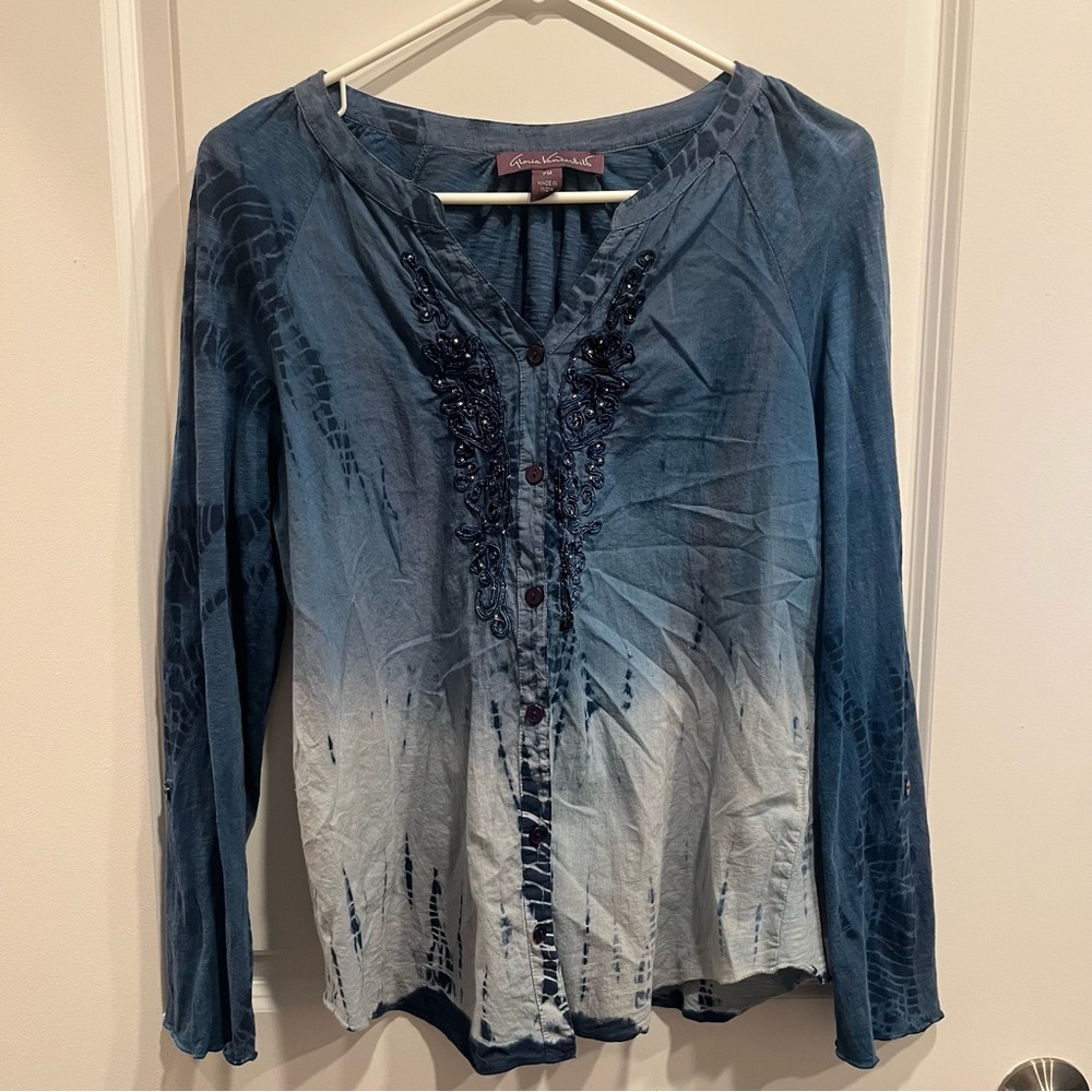 Gloria Vanderbilt Blue White Top Long Sleeve Roll Tab Women’s Size Petit…